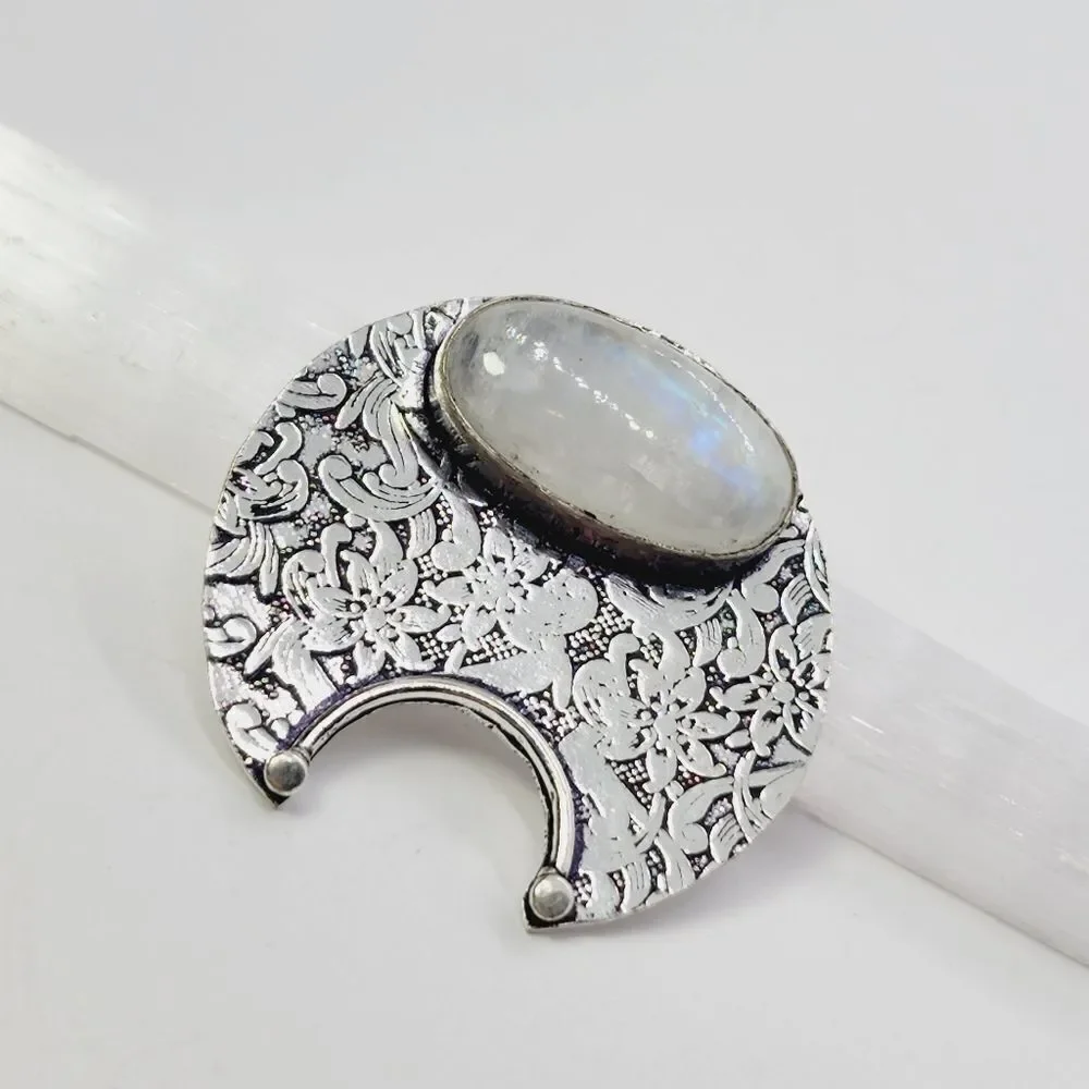 Rainbow Moonstone Sliver Plated Antique Style Pendant Size 1.4